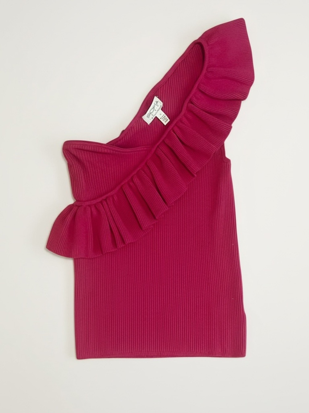 Sofía Jeans One Shoulder Ruffle Top Magenta Ribbed Stretch Size S - Picture 5 of 11